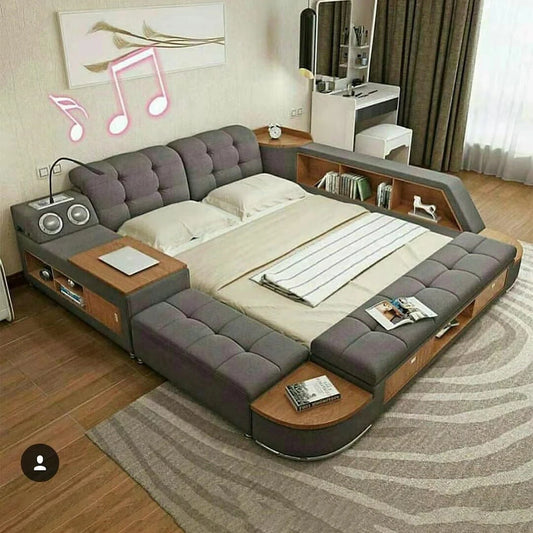 MINGDIBAO Tech Smart Bed Frame | Cloth Multifunctional Ultimate Bed with Tatami, USB and Speaker |  Fabric Upholstered Camas