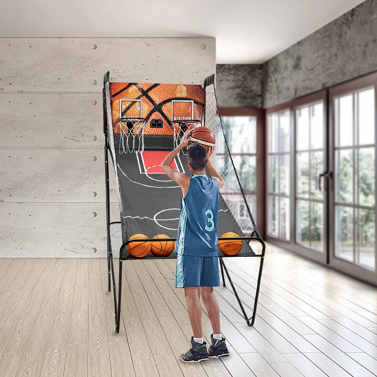 Double Electronic Scoring and Shooting Machine Dual-shot Basketball Arcade Floor Standing Basketball Arcade Game with LED Screen