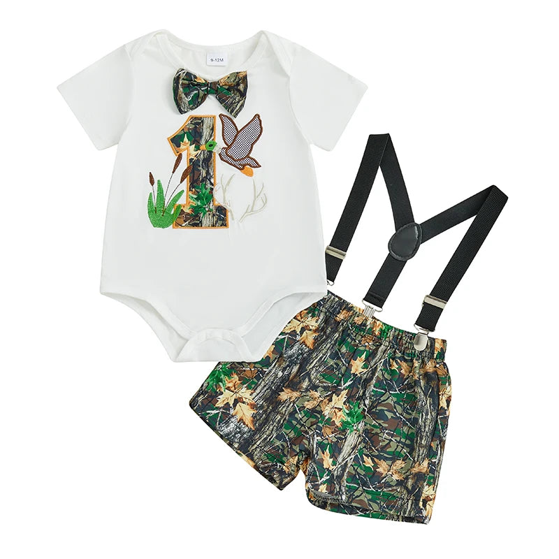 Lioraitiin Summer Baby Boys First Birthday Outfit Short Sleeve Duck Romper with Plaid Leaves Print Overall Shorts Outfit