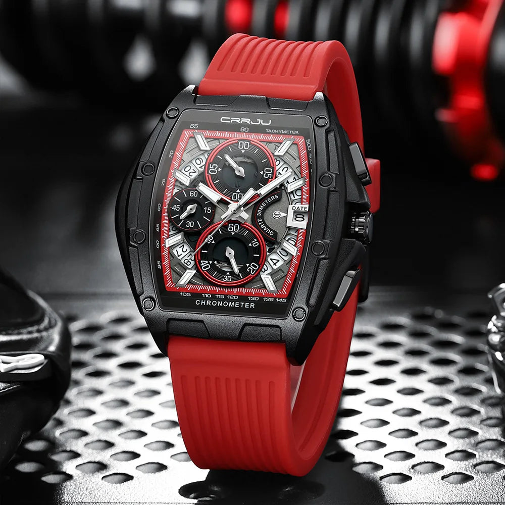 CRRJU Brand Men Watch Domineering Barrel Watch Curved Mirror Hollow Surface Sports Men Watch Silicone Quartz Wristwatch