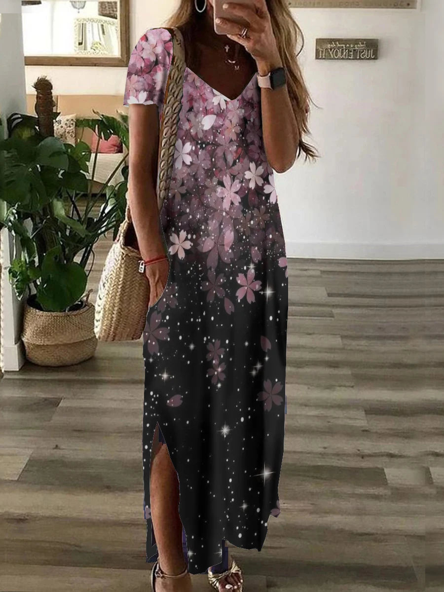 Women's Clothing Short Sleeved Dress V Neck Lower Fork Swing