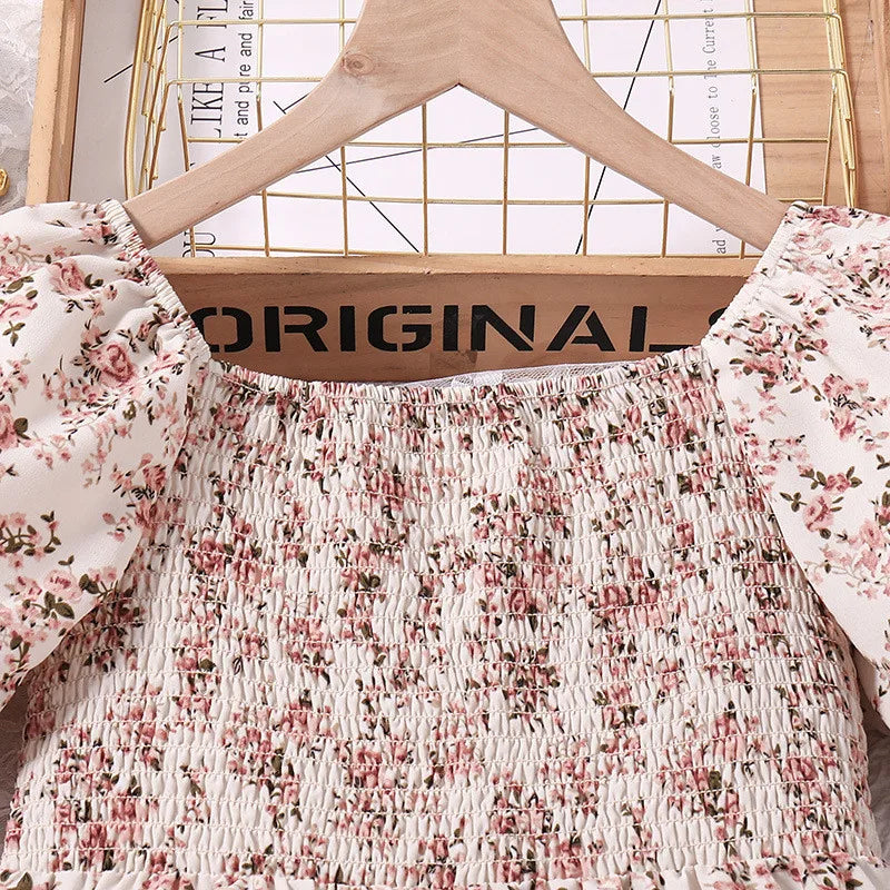 Girl Dress Summer New Sweet Print Patchwork Bubble Sleeve Princess Skirt Birthday Party Dress Girl Baby Boho Children's Clothing