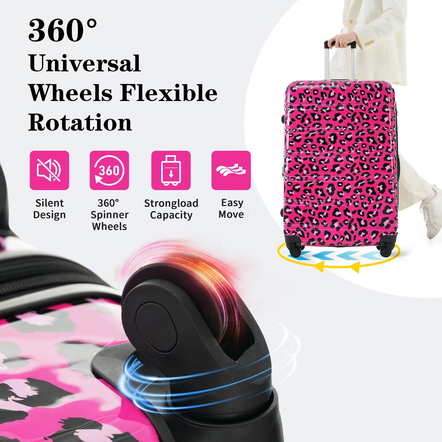 Hardshell Luggage Sets 3 pcs Spinner Suitcase with TSA Lock Leopard Lightweight -20"+24"+28" Luggages