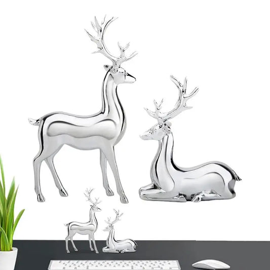 Silver Deer 2PCS Electroplated Silver Deer Figurine Handicraft Piece Resin Sculpture Christmas Center Table Decorations