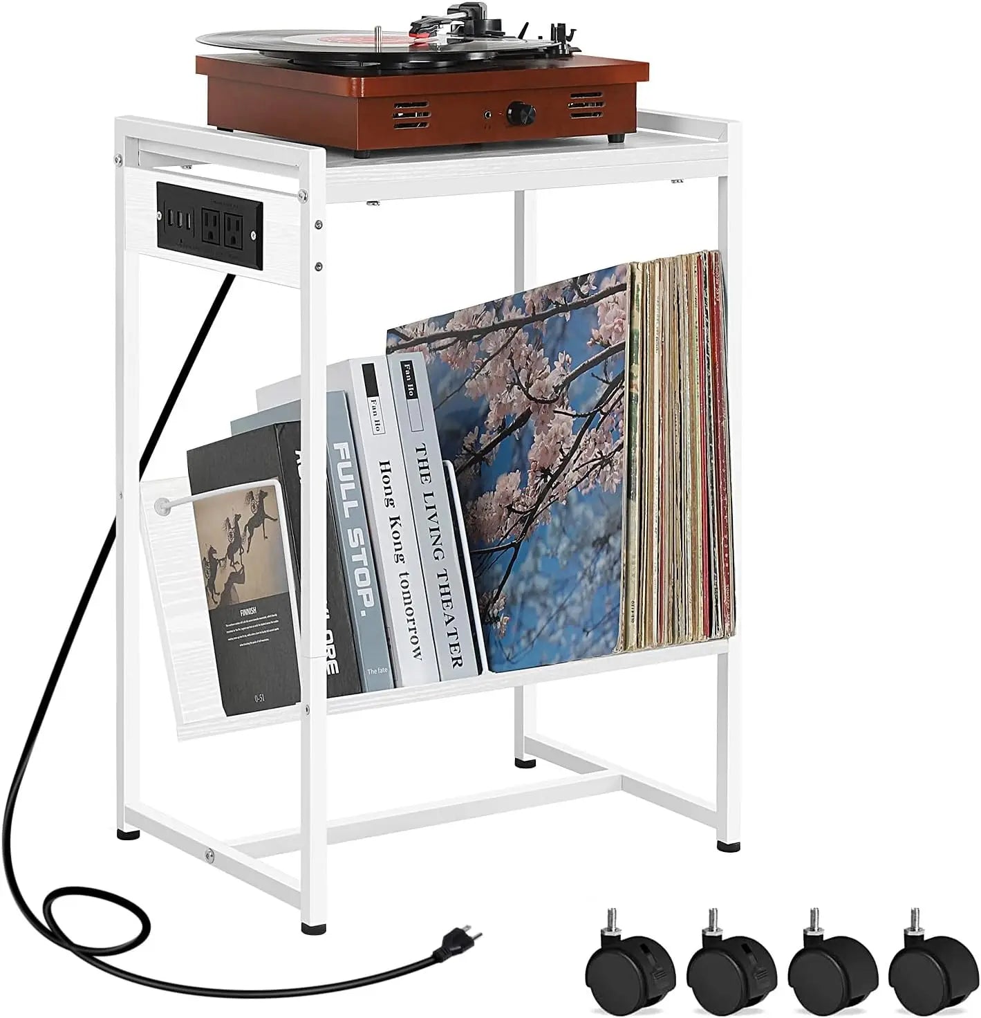 Record Player Stand with Vinyl Storage Side Table, 2 Tier with Charging Station Record Player Table for Living Room Bedroom