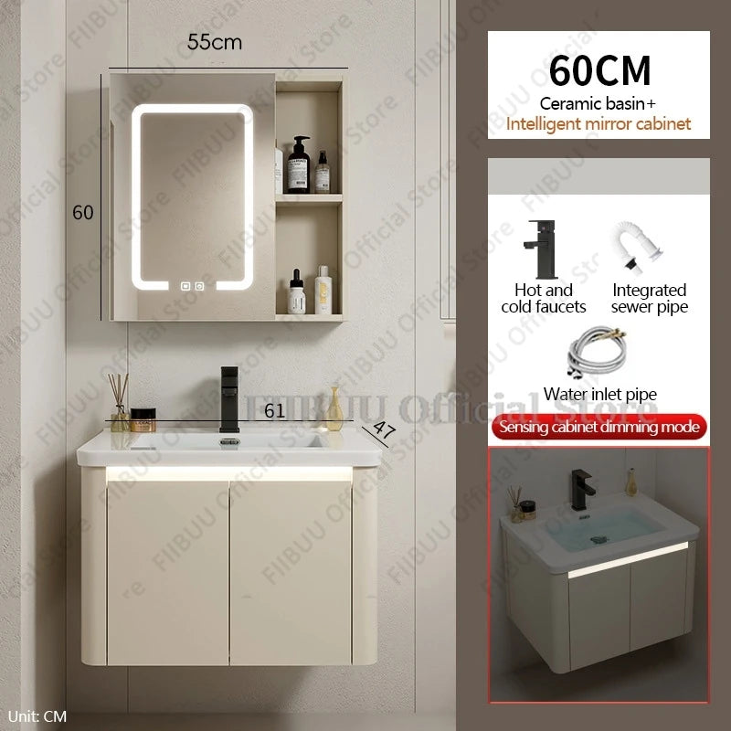 Bathroom Cabinet with Rounded Corners Ceramic Washbasin Wall-mounted Bathroom Dressing Storage Cabinet with Mirror and Faucet