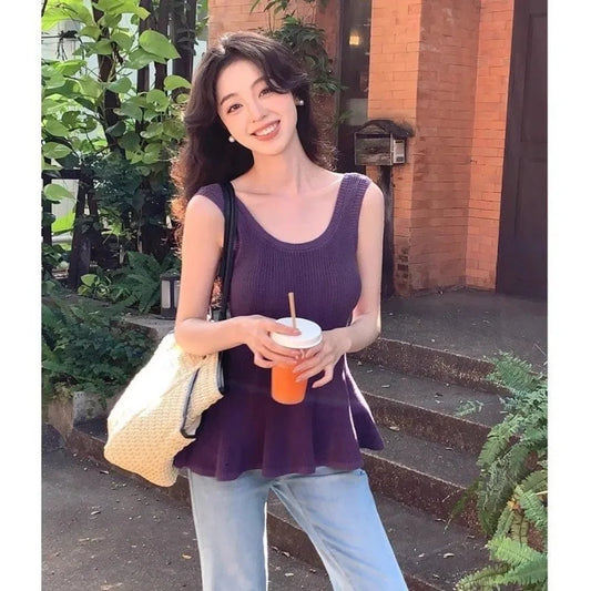 Women Clothing Summer Fashion Casual Simplicity All-match Fashionable Solid Color O-neck Waist Fish Tail Sleeveless Camisole Top