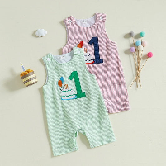 Baby Boy Overalls, Embroidery Cake Striped Jumpsuit Birthday Clothes for Casual Daily