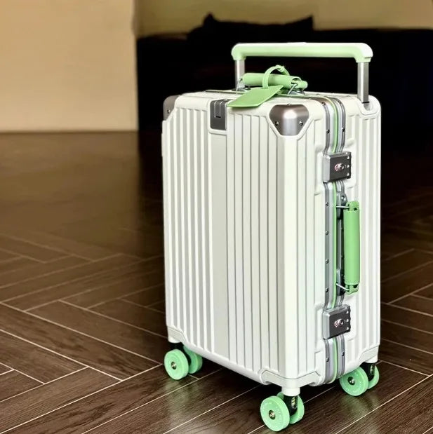 New Aluminum Frame Wide Handlebar Rolling Luggage Large Capacity Trolley Suitcase with Colorful Silent Spinner Wheels TSA Lock