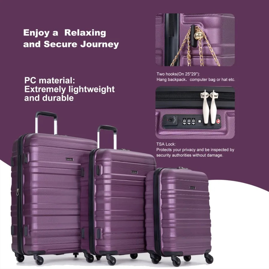 Expandable 3 Piece Luggage Sets PC Lightweight Durable Suitcase with Two Hooks Spinner Wheels TSA Lock 21 25 29 Dark Purple