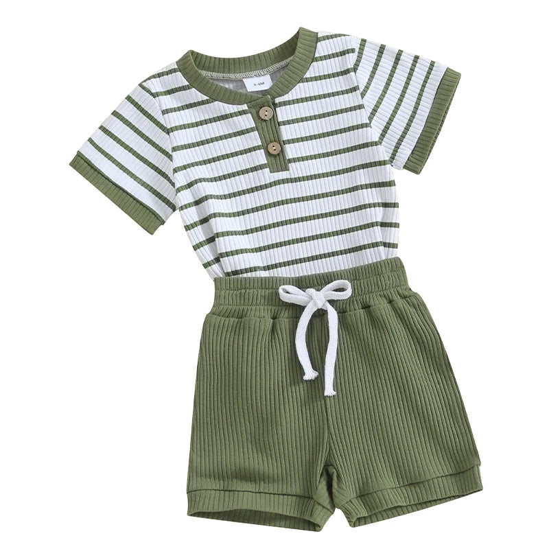 2023-11-18 Lioraitiin Newborn Baby Boy Girl Summer Clothes Striped Short Sleeve Ribbed Romper Tops Elastic Shorts Set Outfits