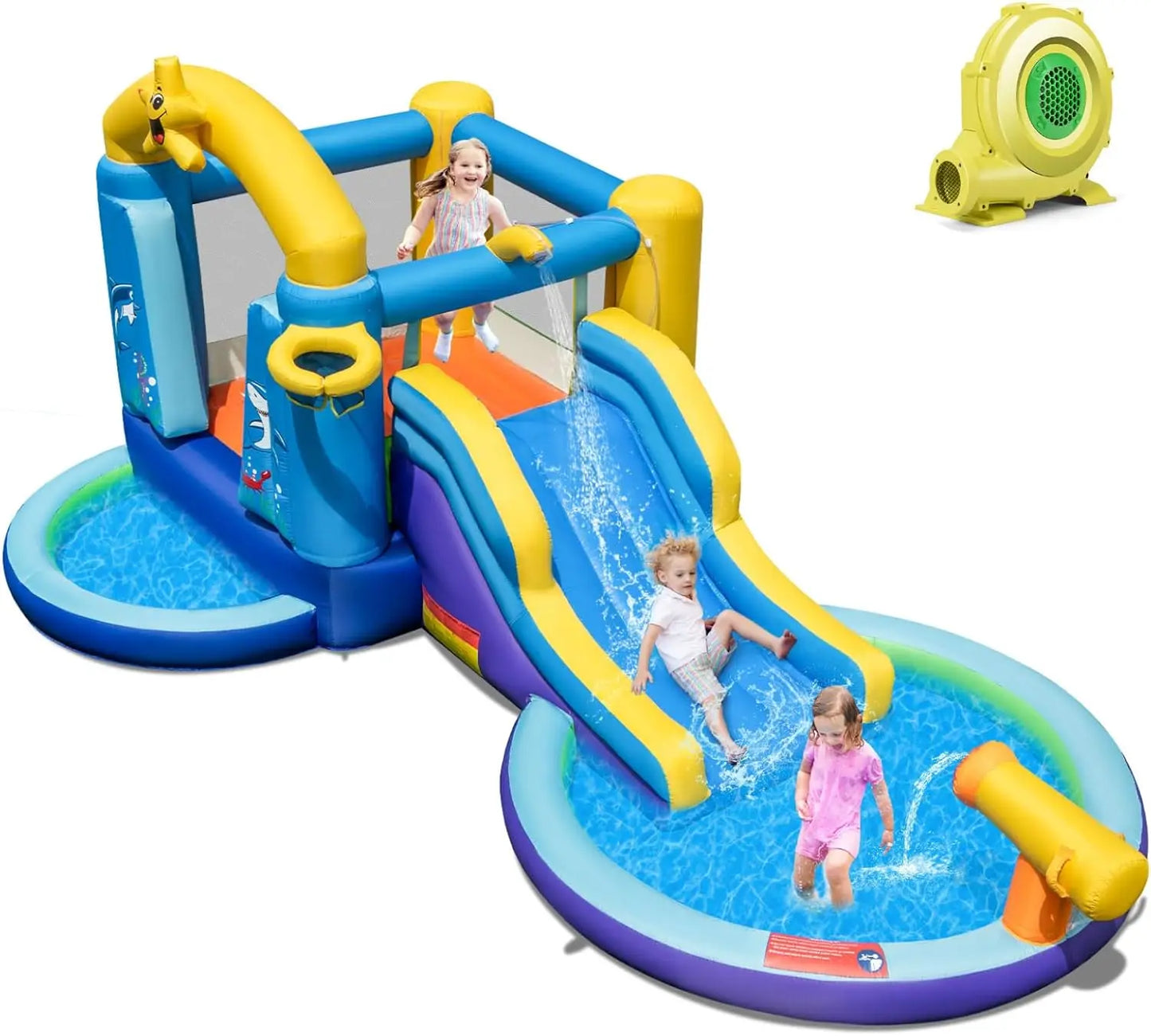 Inflatable Water Slide with 735w Blower, Ocean Themed Bounce House Water Park with Ball & Splash Pool, Indoor Outdoor Bouncy Cas