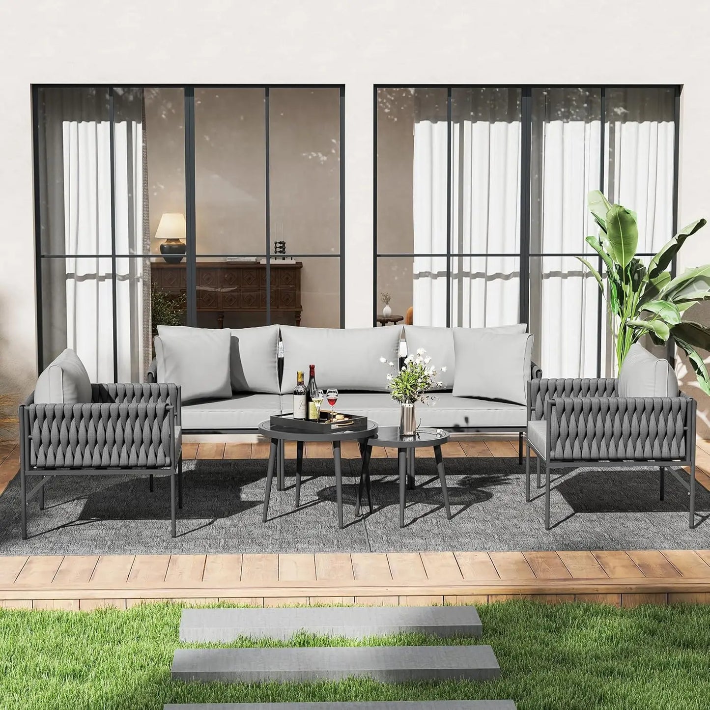 Patio Furniture Set, Patio Conversation Set with Handwoven Rope and Deep Seating, Outdoor Furniture 5-Seat Sofa with Two Round