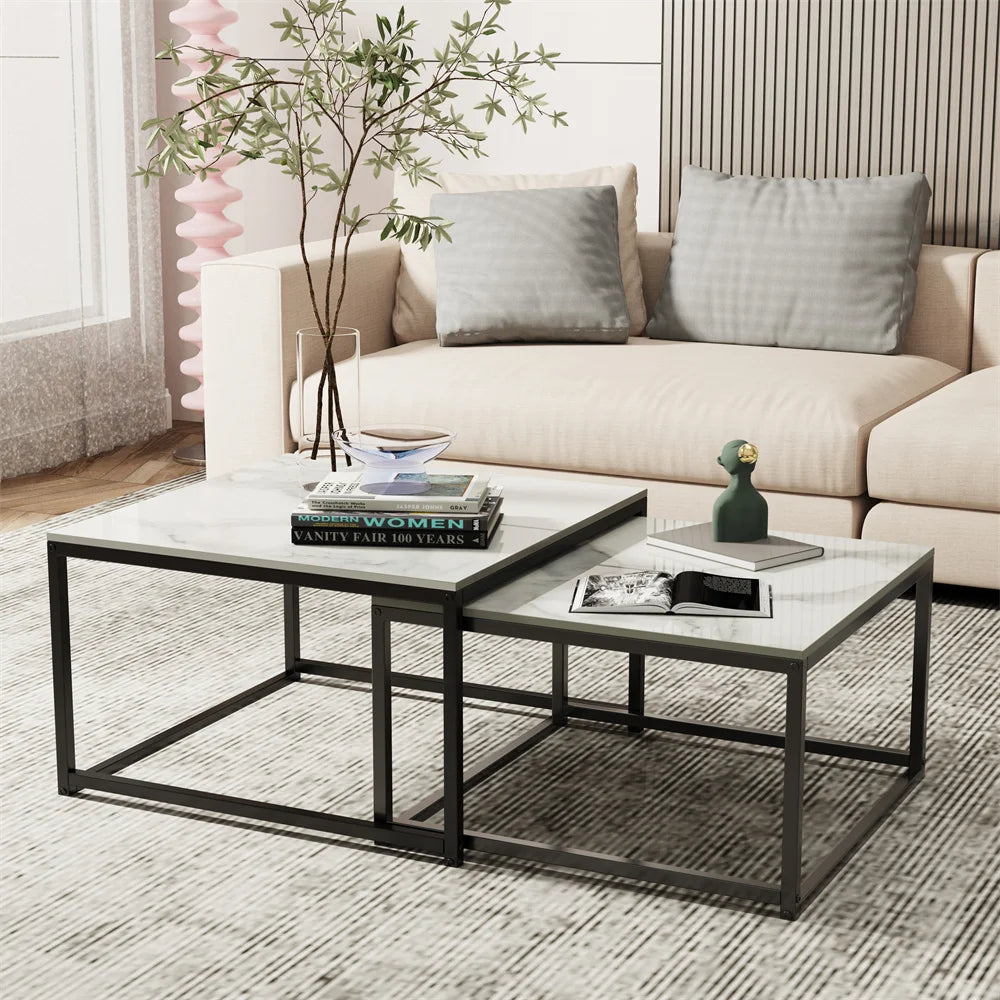 LUVODI Rectangle White Nesting Coffee Table Set Living Room Black Stack-able Accent Tables with Marble Tabletop