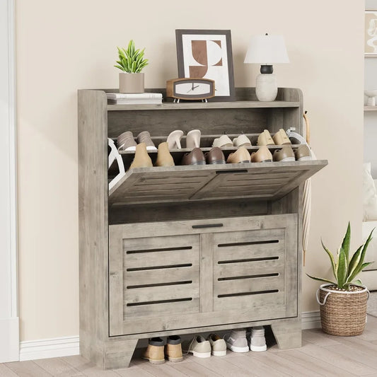 Shoe Cabinet Storage for Entryway, Narrow Shoe Cabinet with 2 Flip Drawers,Freestanding Hidden Slim Shoe Organizer Cabinet with