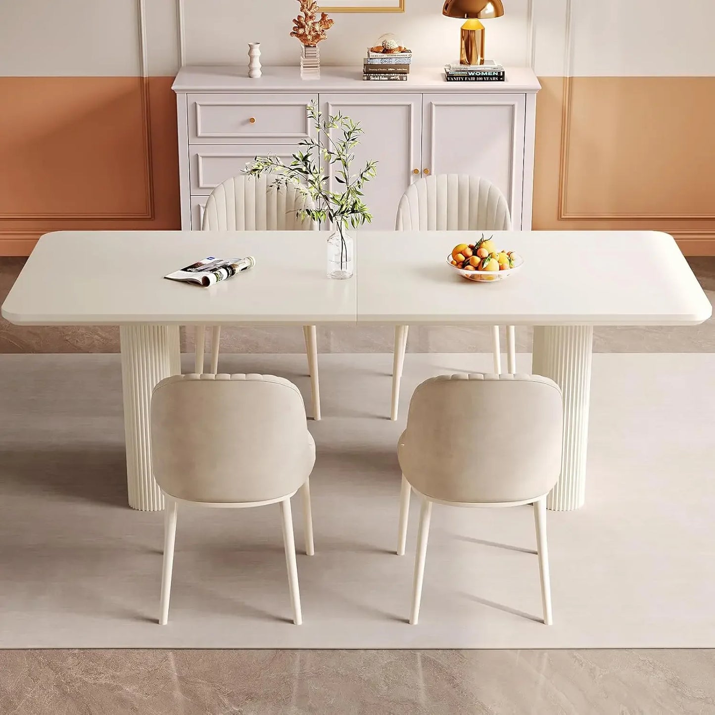 Modern Dining Table for 8, 78.97" Large Rectangular Kitchen Table,  Cream White Wavy Table Legs, Easy to Assemble