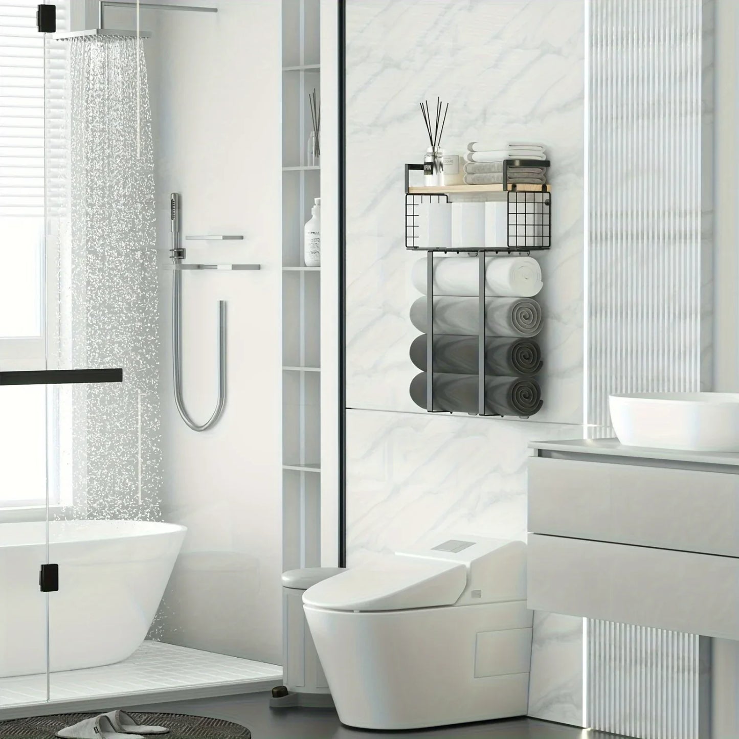 Bathroom  Sheves, Towel Racks With Metal Tissue Basket, Holder Wall Rack For Rolled Towels, Org