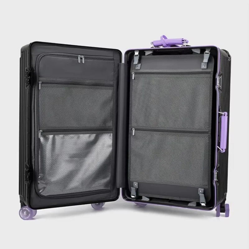 New Aluminum Frame Wide Handlebar Rolling Luggage Large Capacity Trolley Suitcase with Colorful Silent Spinner Wheels TSA Lock