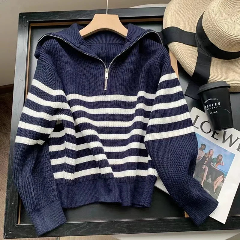 Women's Turtleneck Loose Lapel Striped Knitwear sweater Women Pulovers New Simplicity Half Zipper Casual Women's sweatshirt 2025