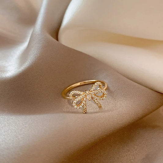 Minimalist Bowknot Opening Rings For Women Gold Silver Color Crystal Zirconia Bow Knot Finger Rings Female Wedding Jewelry