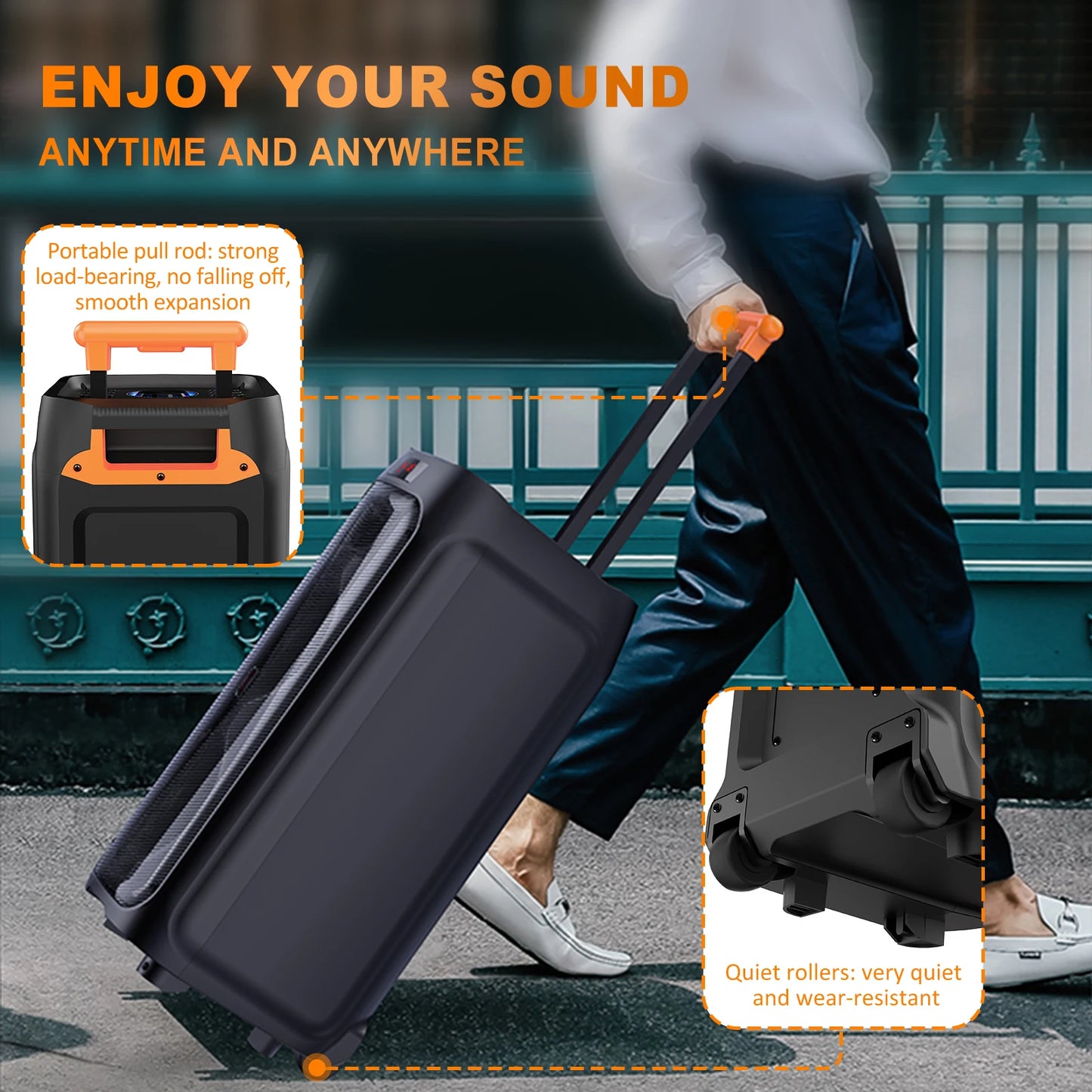 FanFun T8 Large Bluetooth Speaker, Wireless Speaker with Wheels and Push Rod, Karaoke Machine with Two Microphones With Tws