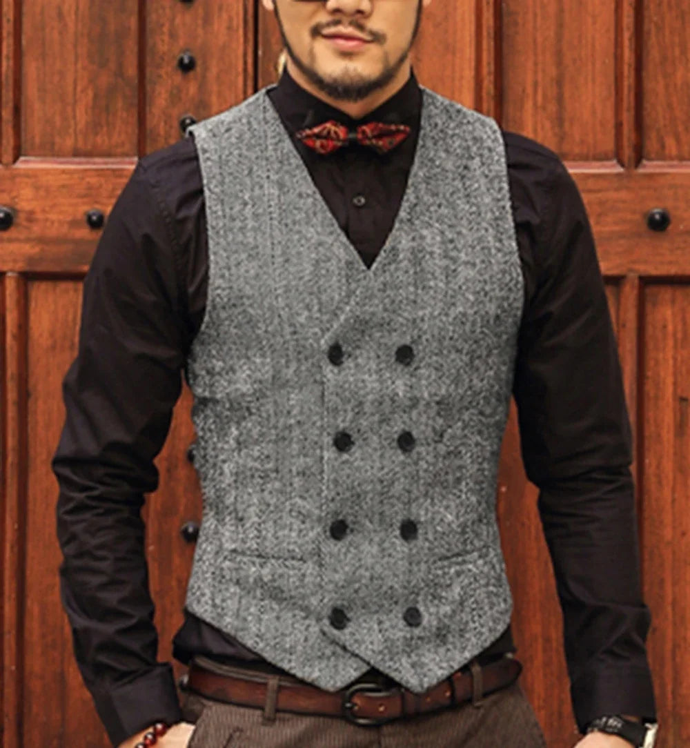 Men Vests Suit Vest Tweed Man Waistcoat Brown Black Groomman Wedding Clothing Jacket Victorian Style Steampunk BusinessA