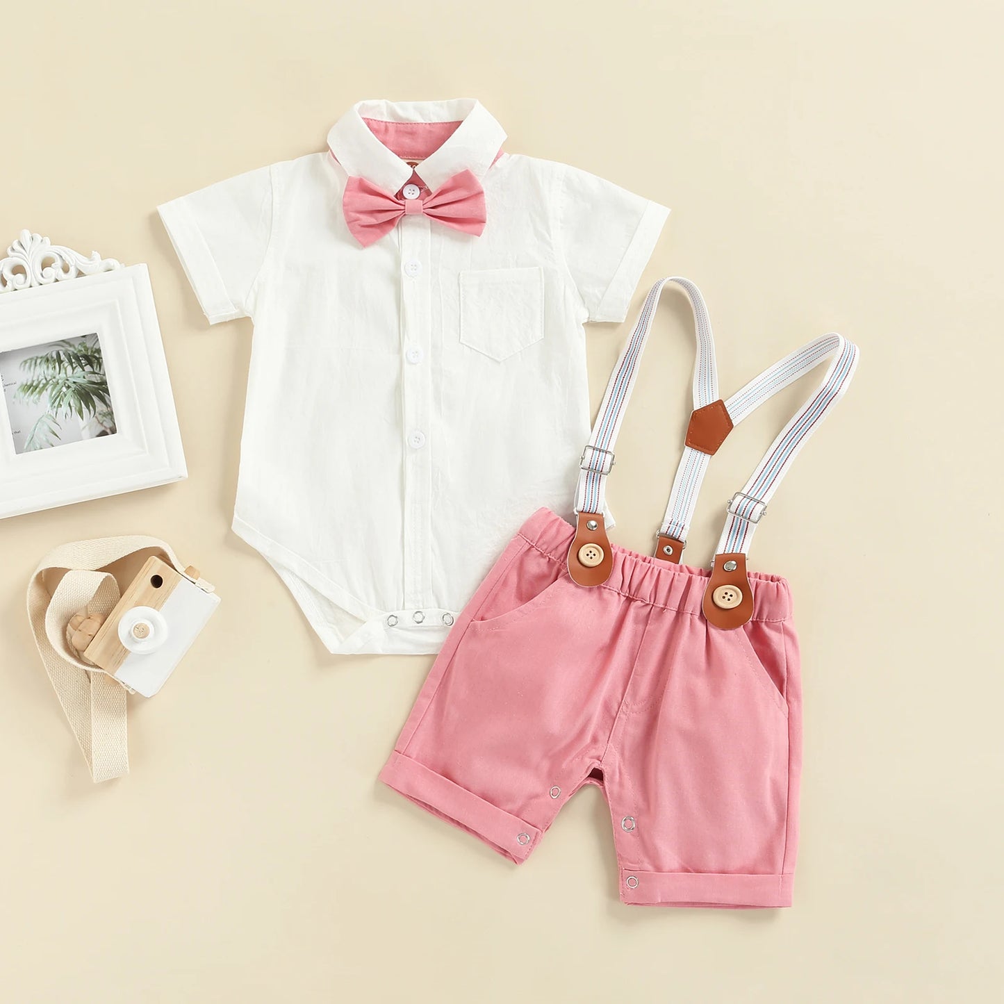 0-3Y Newborn Baby Boy Gentleman Outfits Short Sleeve Shirts Romper Overalls Shorts Infant Summer Boys Clothes Formal Suits 2Pcs