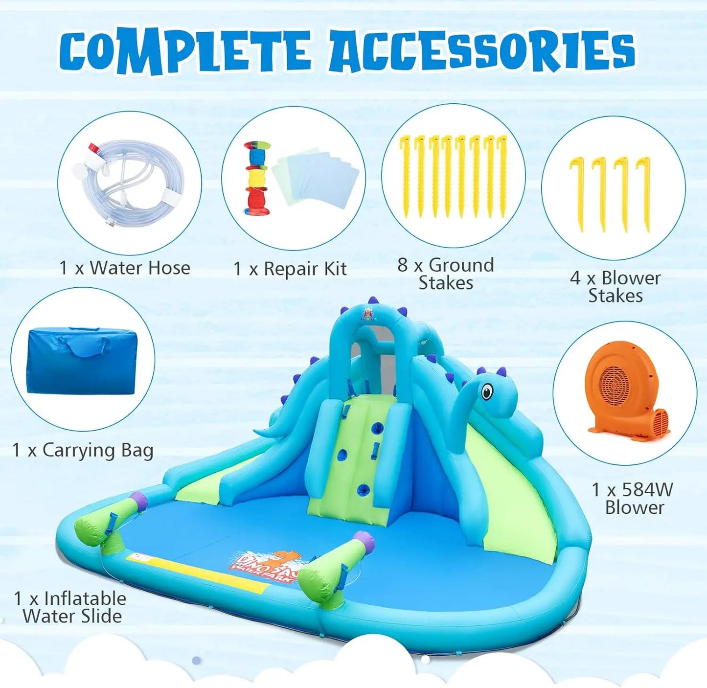 Inflatable Water Slide with Dinosaur, Double Slides Kids Mega Waterslide Park Heavy Climbing Wall for Outdoor Racing, Blow up Wa