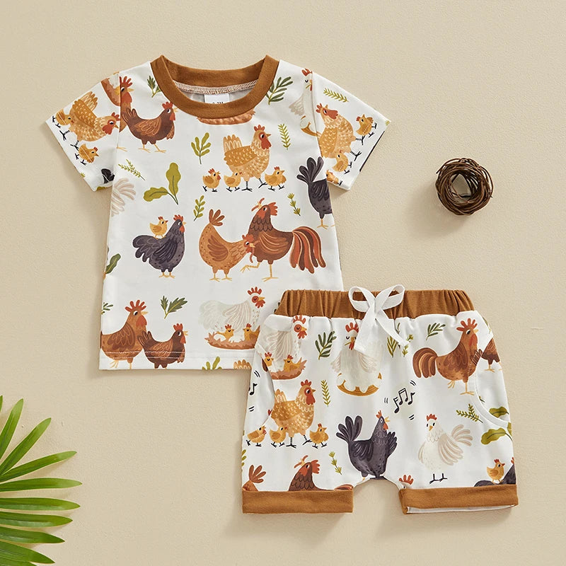 2024-01-16 Lioraitiin 3M-3Y Toddler Baby Boy Farm Clothes Western Farm Chicken Animals Tractor Shirt Short Pant Summer Outfit