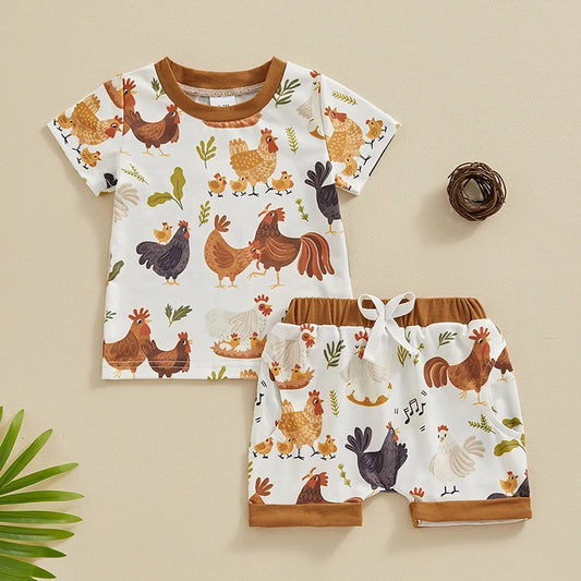 2024-01-16 Lioraitiin 3M-3Y Toddler Baby Boy Farm Clothes Western Farm Chicken Animals Tractor Shirt Short Pant Summer Outfit