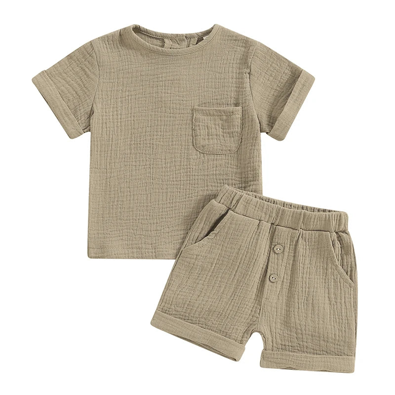 Newborn Baby Boys Summer Clothes Sets Solid Cotton Linen Pocket Short Sleeve T-shirts+Button Pocket Shorts Beach Casual Outfits