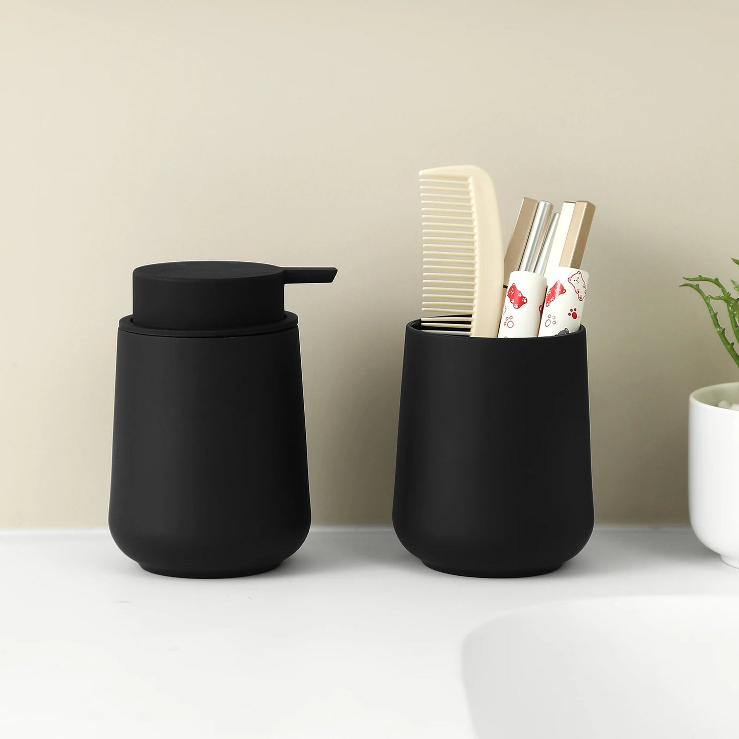 Bathroom Accessory Set - 2-Piece Soap Dispenser and Cup for Bathroom Vanity Decor in Matte Black