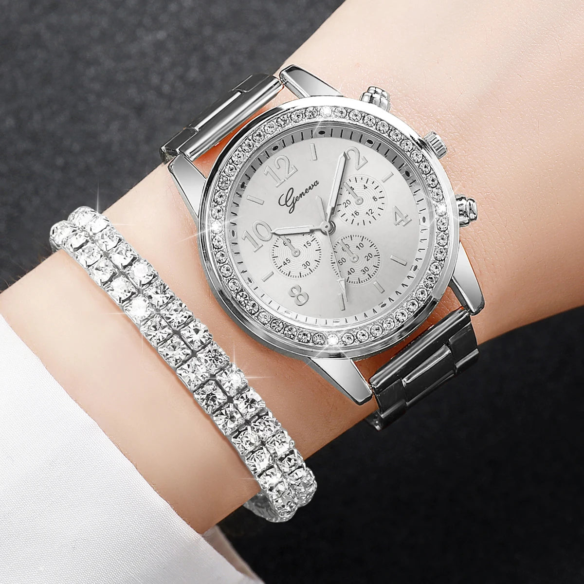 Fashion Women Stainless Steel  Silver Color Quartz Watch with Diamond Bracelet