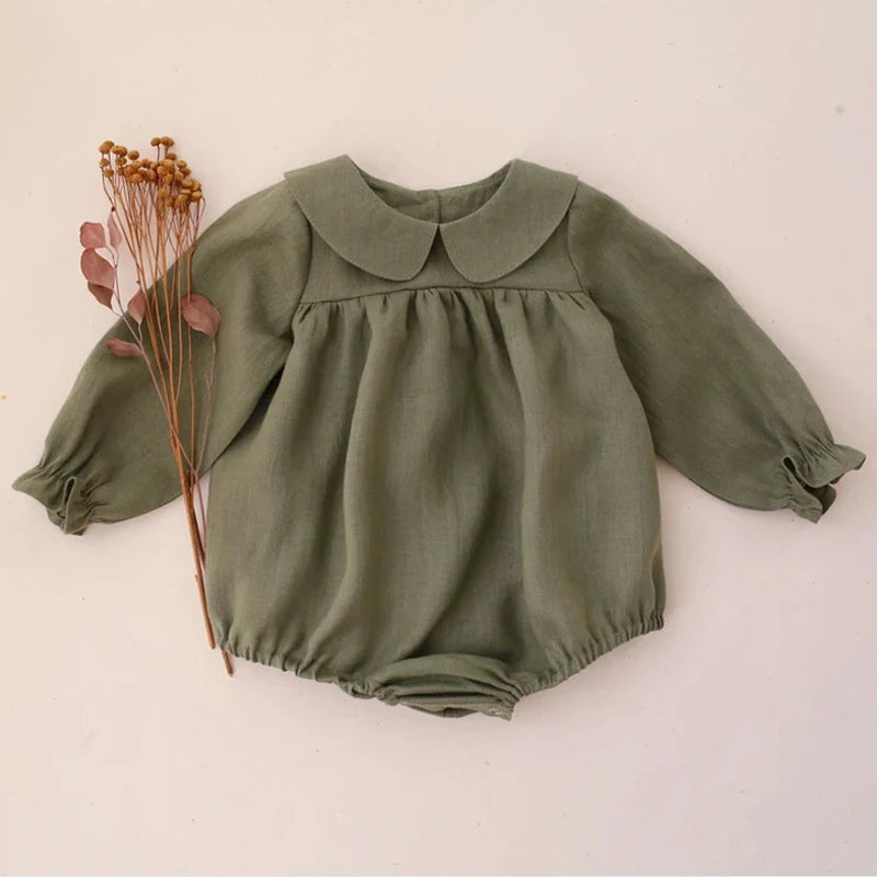 Baby Girl Clothes Solid Color Long Sleeve Baby Clothing Jumpsuits 0-24M 100% Cotton Linen Newborn Baby Girl Rompers