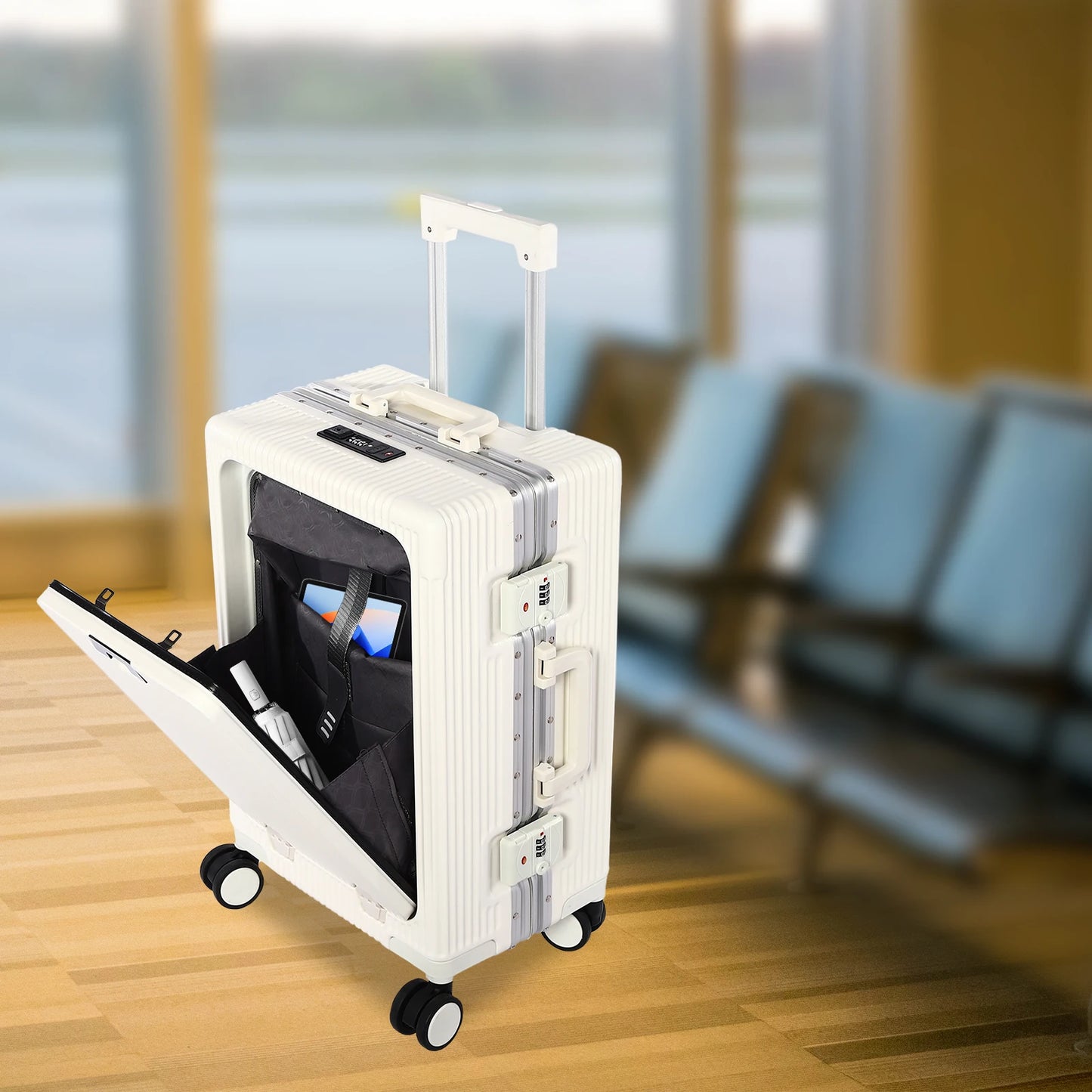 20 Inch Carry On Luggage with Front Pocket PC Hardside Spinner Wheel Suitcase with Cup Holder & USB Charging Port  White