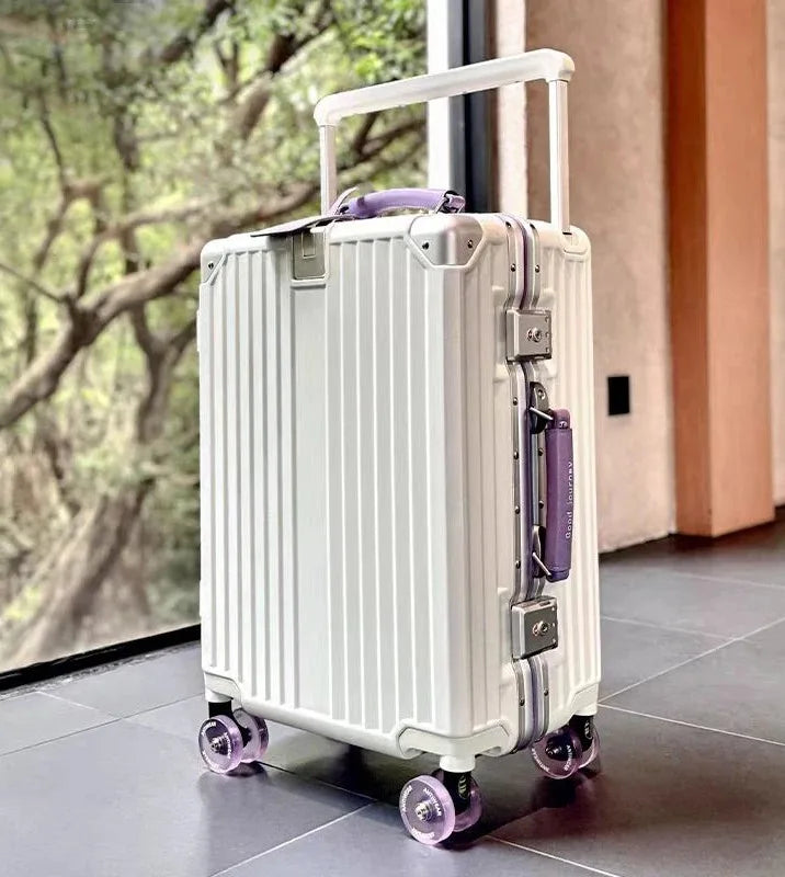 New Aluminum Frame Wide Handlebar Rolling Luggage Large Capacity Trolley Suitcase with Colorful Silent Spinner Wheels TSA Lock