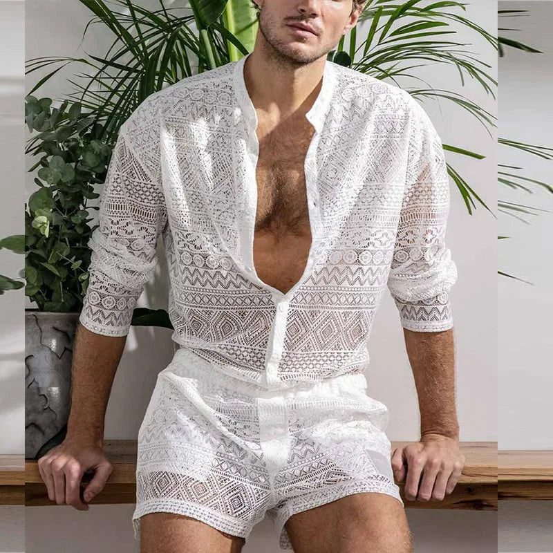 Men's Clothing Fashion Suit Men 2pcs Clothes Set Hollow Out Sexy Lace Short Sleeve Casual T Shirt Top Shorts Summer Solid Color