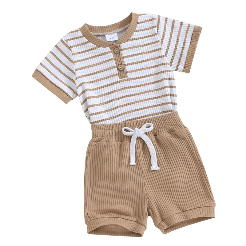 2023-11-18 Lioraitiin Newborn Baby Boy Girl Summer Clothes Striped Short Sleeve Ribbed Romper Tops Elastic Shorts Set Outfits