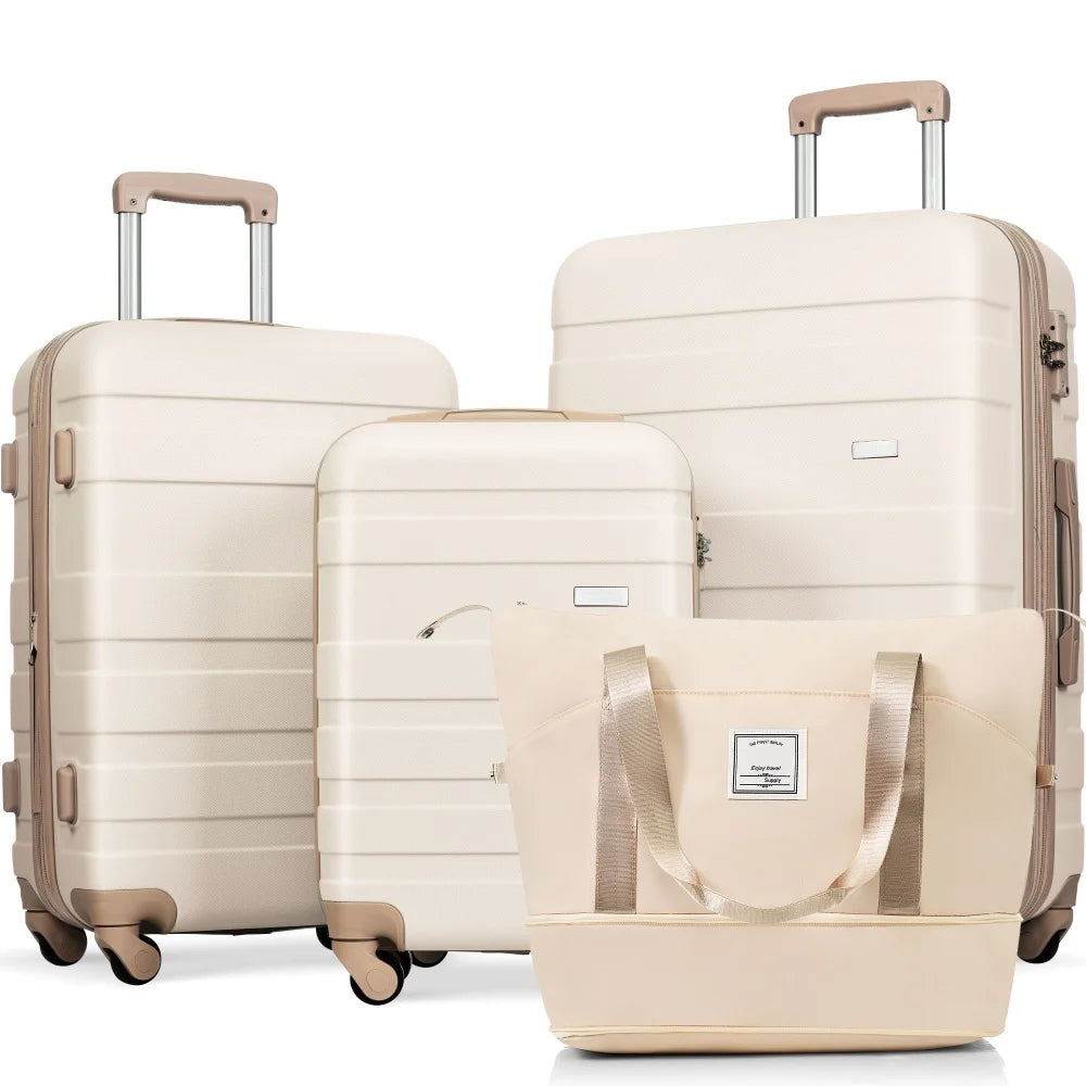 Luggage Sets 4 Piece, ABS Durable Suitcase with Travel Bag, Carry On Luggage Suitcase Set with 360° Spinner Wheels, pink
