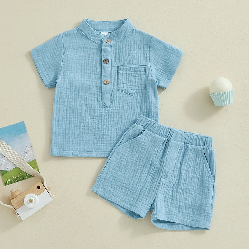 Lioraitiin Toddler Baby Boy Clothes Solid Color Cotton Gauze Button Up Short Sleeve Henley Shirts and Shorts Set Summer Outfits