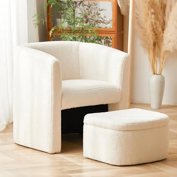 Upholstered Sherpa Bucket Armchair with Storage Footstool, Modern Living Room Side Chair, Single Sofa Armchair
