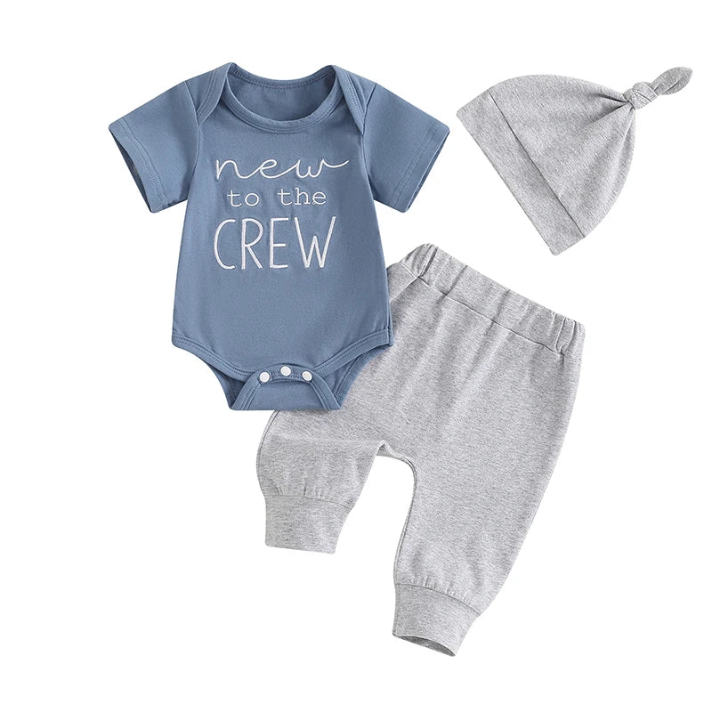 2024-05-05 Lioraitiin Baby Boy Summer Outfit Letter Embroidery Short Sleeve Romper with Solid Color Pants and Hat 3Pcs Set