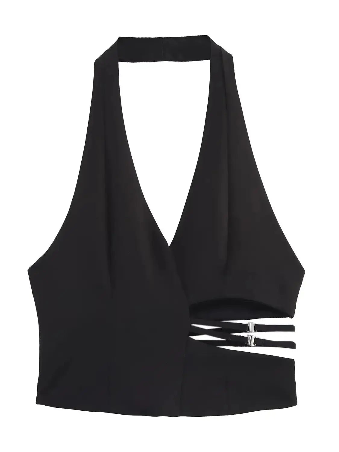 2025 new women's clothing European and American style fashion sexy versatile solid color open design halter neck top