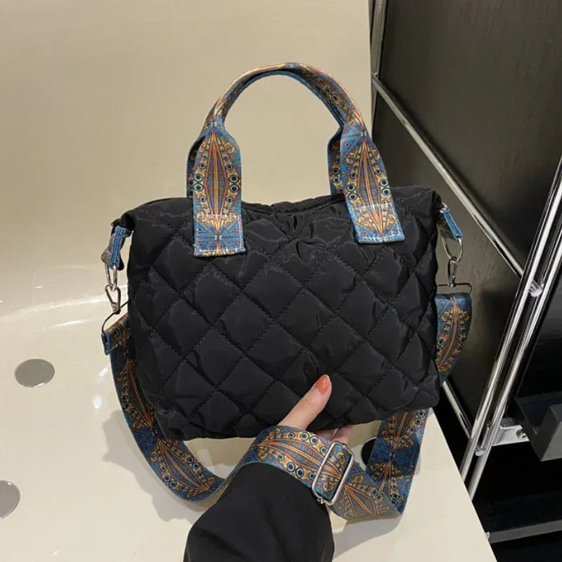 Women Wide Shoulder Belt Handbag Large Capacity All-Match Shopping Tote Bag Fall/Winter Rhombus Space Cotton Shoulder Bag