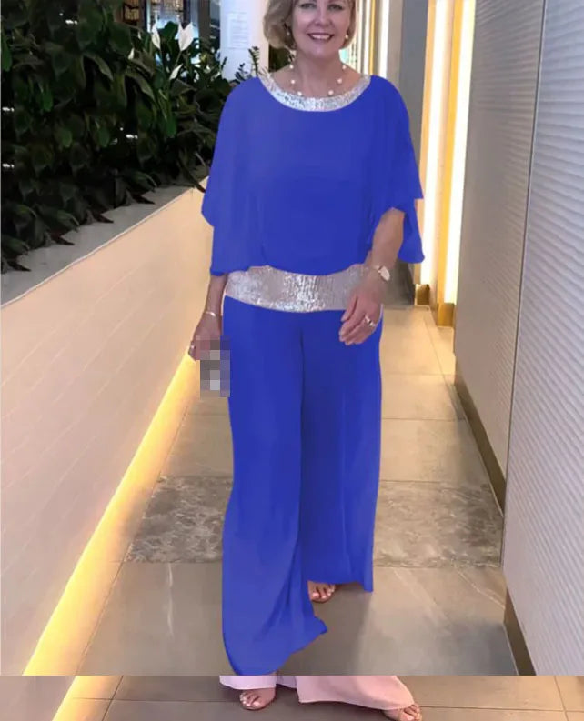Women's Clothing 2024 Spring Autumn New Round Neck Fashionable Bright Color Bat Shirt Wide Leg Pants Half Sleeve Two-piece Set