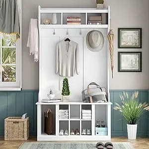 Hall Tree with Bench And Shoe Storage,6-In-1 Hall Tree with Coat Rack And Drawer,Entryway Hall Tree with 4 Hooks And Removable C
