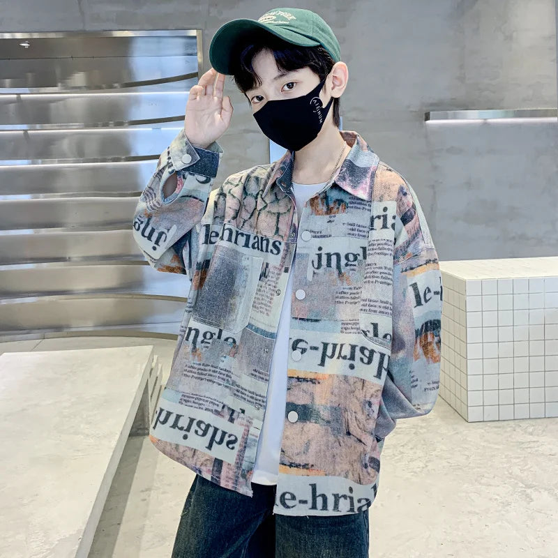 New Fashion Baby Boy Clothes with Newspaper Print Shirt For Kids Boy Autumn Newspaper Print Clothing Age 5 6 7 8 9 10 11 12 14Y