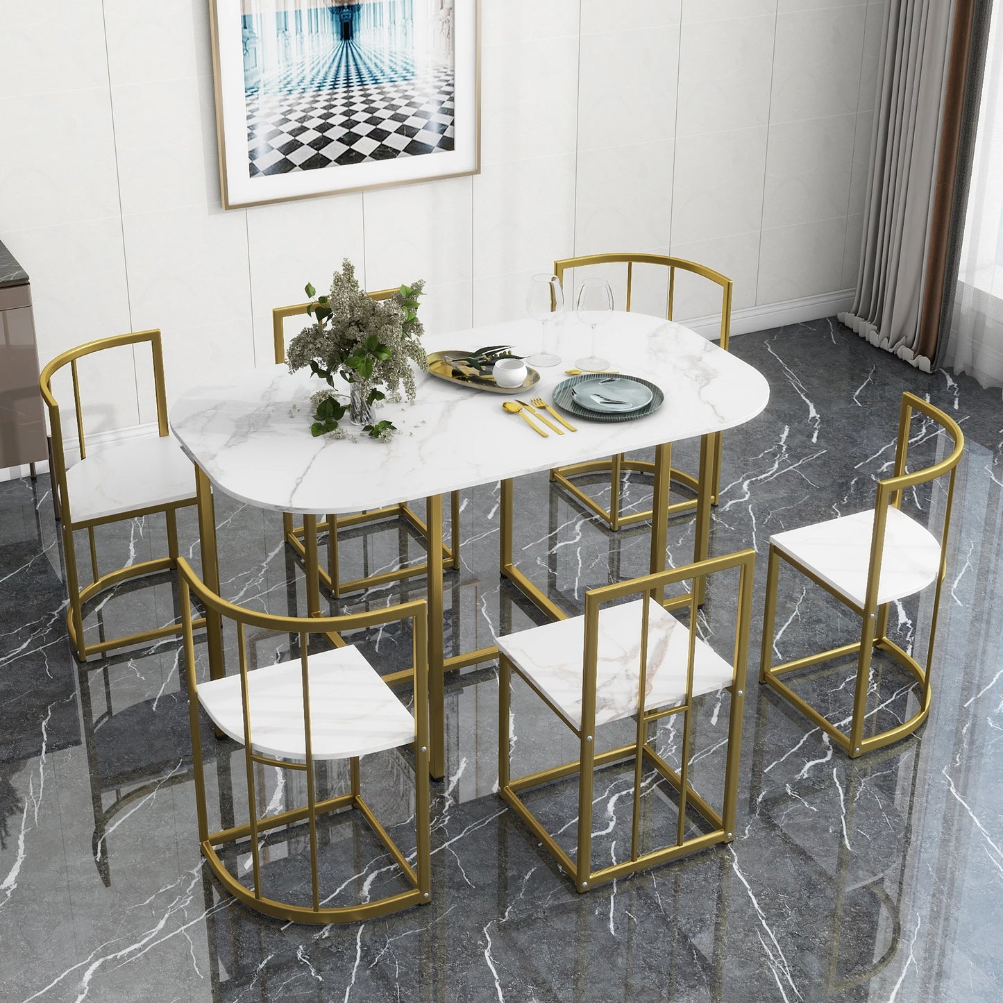 TOPMAX Modern 7-Piece Dining Table Set with Faux Marble Compact 55Inch Kitchen Table Set for 6
