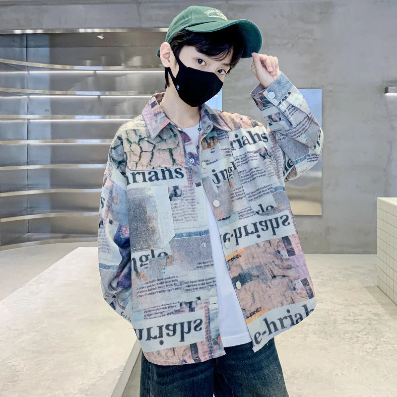 New Fashion Baby Boy Clothes with Newspaper Print Shirt For Kids Boy Autumn Newspaper Print Clothing Age 5 6 7 8 9 10 11 12 14Y