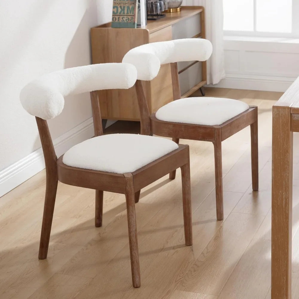 Mid Century Modern Dining Chairs Set of 4, Comfortable Boucle Open Back Wood Side Chairs for Dining Room/Lounge/Restaurant, Whit